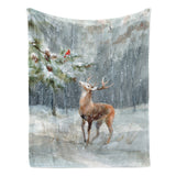 Winter snow forest deer flannel blanket. Cozy woodland scene with deer and cardinal for sofa or bed made in USA.