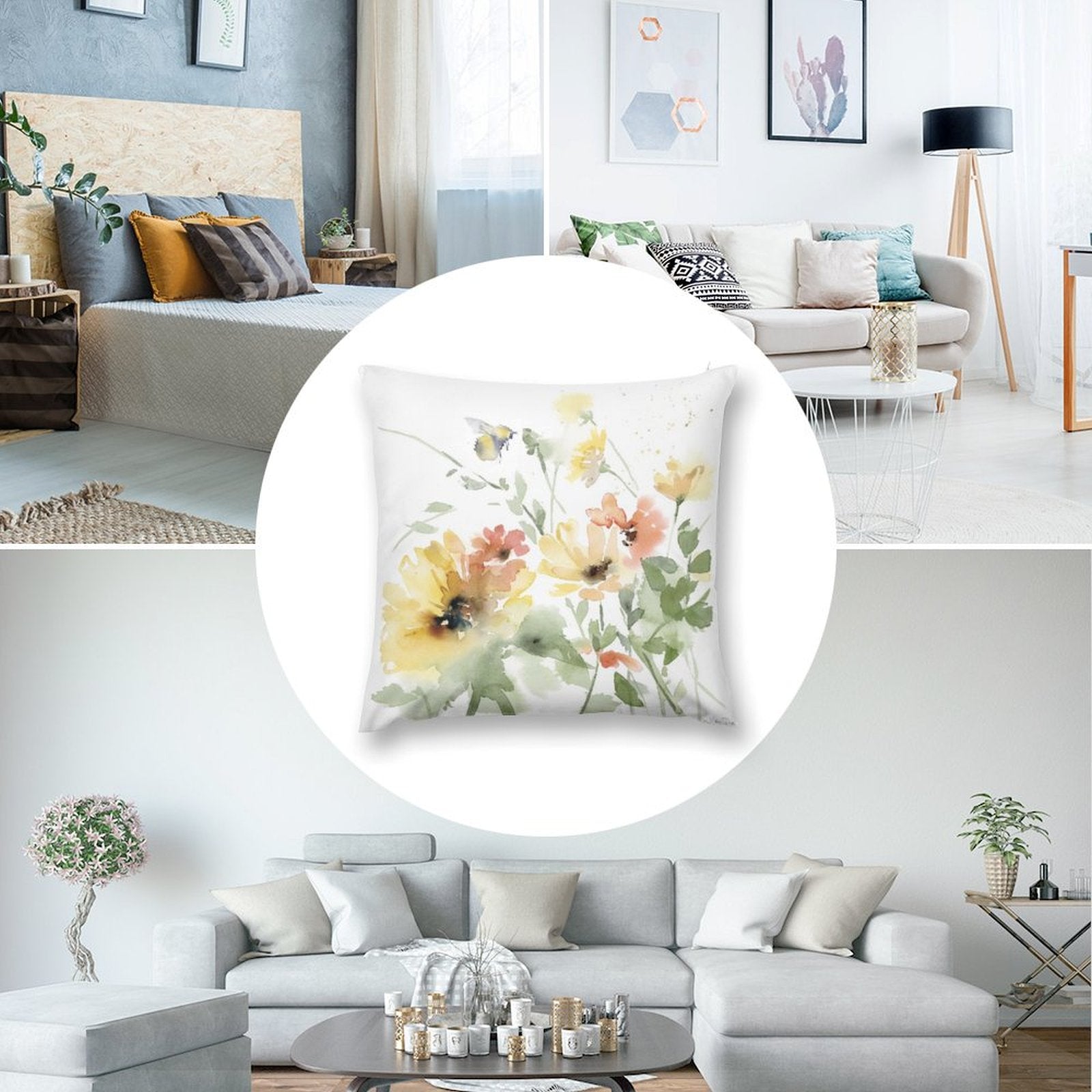 Watercolor floral pillow cover with bee, yellow and orange flowers, for sofa and living room decor, MyArtsyGift.