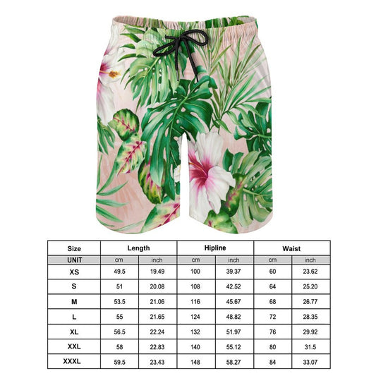 Men's Hawaiian swim trunks with floral print, quick-dry fabric, and mesh lining. Includes size chart
