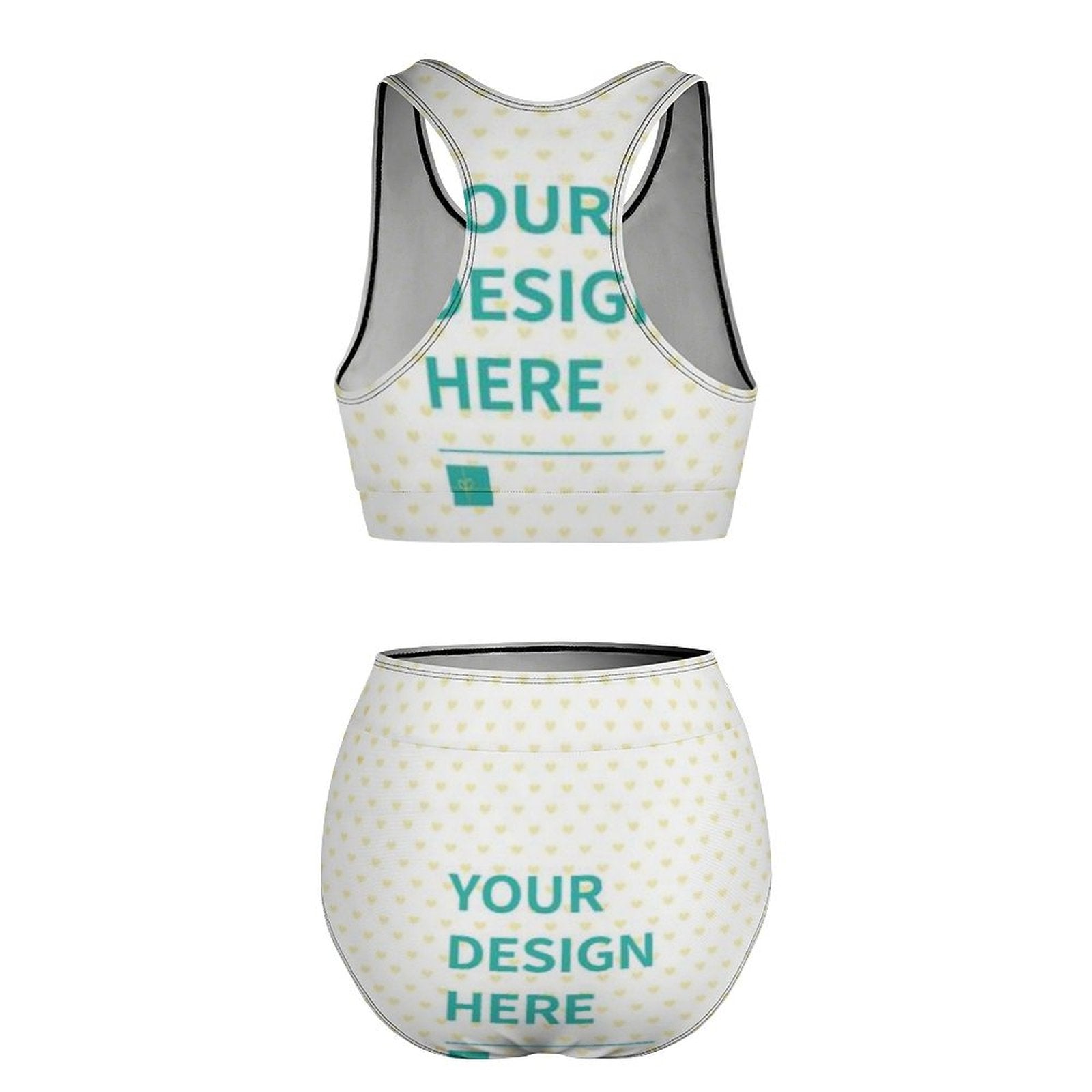 Custom two-piece high-waisted swimsuit with design. White bikini set with 'YOUR DESIGN HERE' text for summer