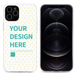 Custom iPhone 12 case with "YOUR DESIGN HERE" heart pattern, transparent TPU material, personalized design