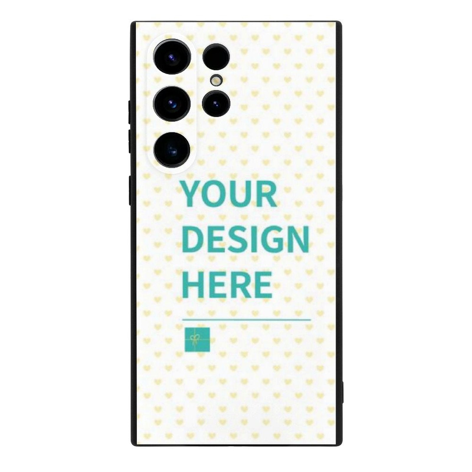 Custom Samsung Galaxy S23 phone case with YOUR DESIGN HERE text and heart pattern, soft TPU material