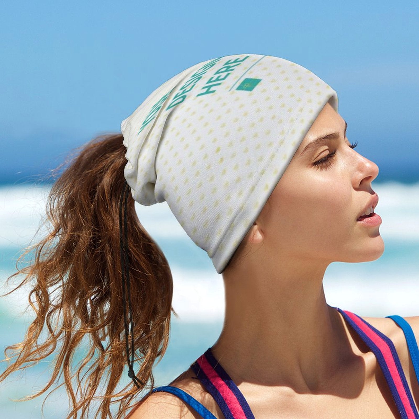 Custom face mask neck warmer with a 'DESIGN HERE' print; versatile neck gaiter for sun and wind protection