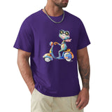 Men's purple crew neck t-shirt with colorful frog on scooter graphic, comfortable cotton tee