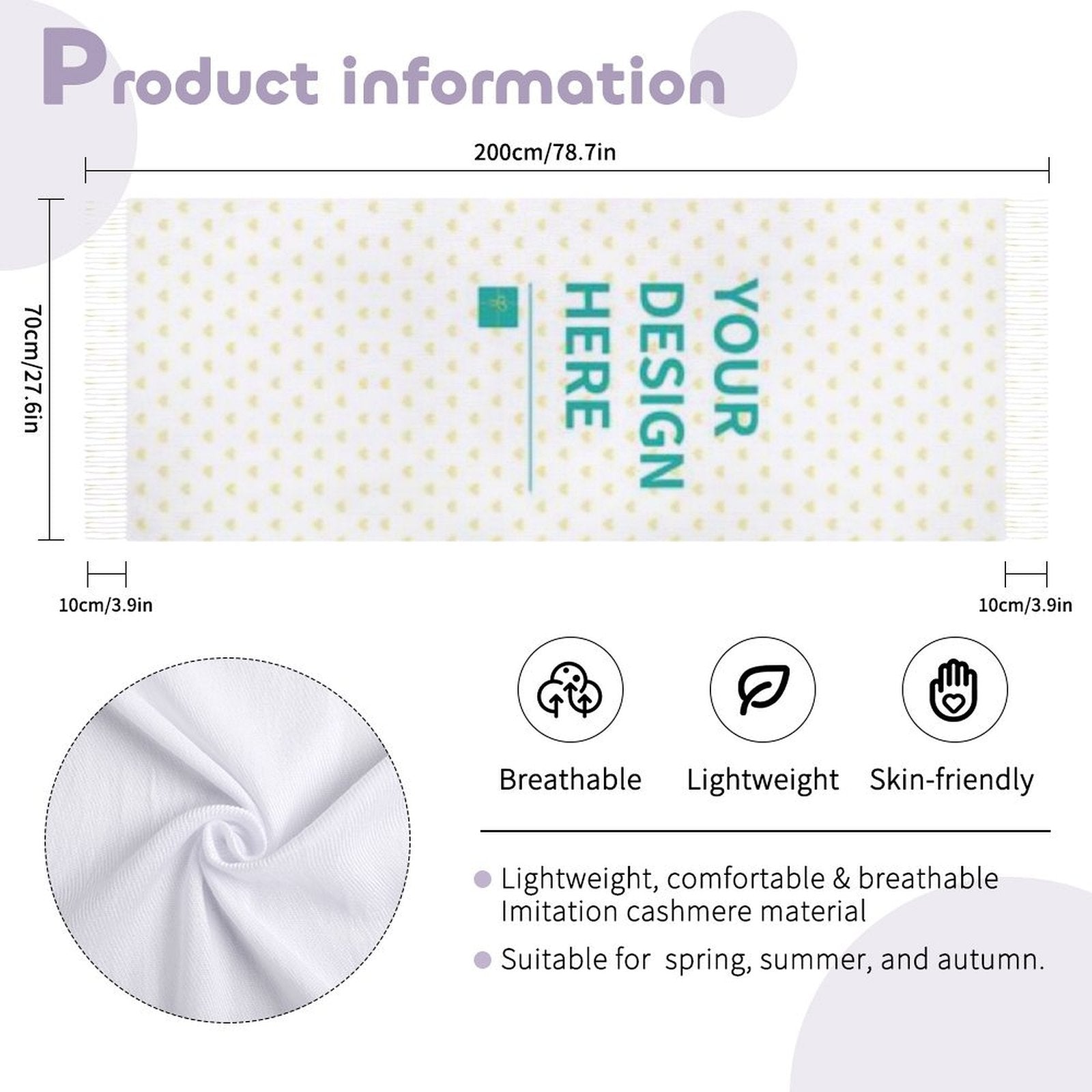 Custom scarf, design area; Imitation cashmere, breathable, lightweight, skin-friendly. Perfect for warm seasons.