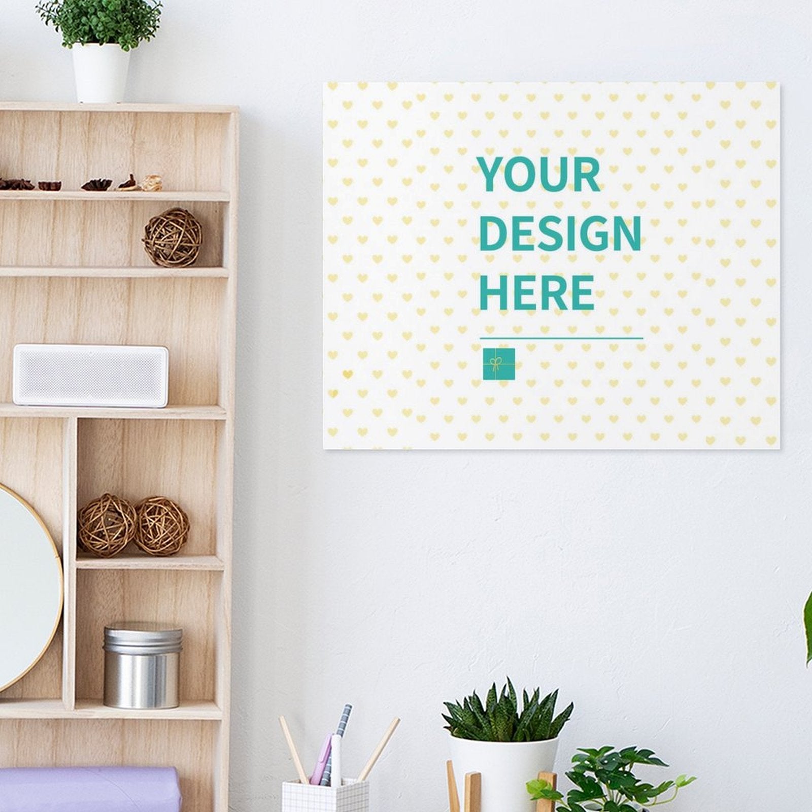 Custom Canvas Print mockup with 'YOUR DESIGN HERE' text, heart pattern, for home decor. Personalized wall art.