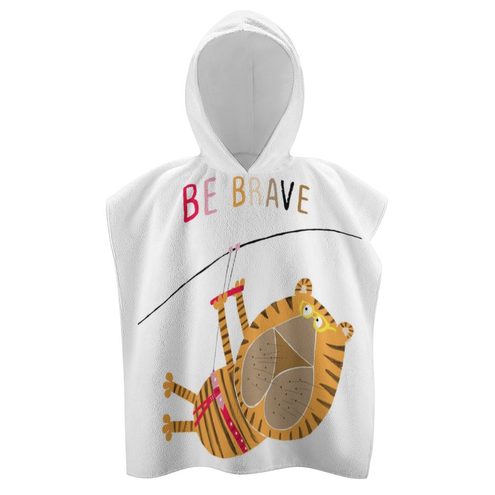 Baby hooded towel with tiger design and 'BE BRAVE' text. Kids beach, bath, and pool towel.