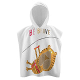 Baby hooded towel with tiger design and 'BE BRAVE' text. Kids beach, bath, and pool towel.
