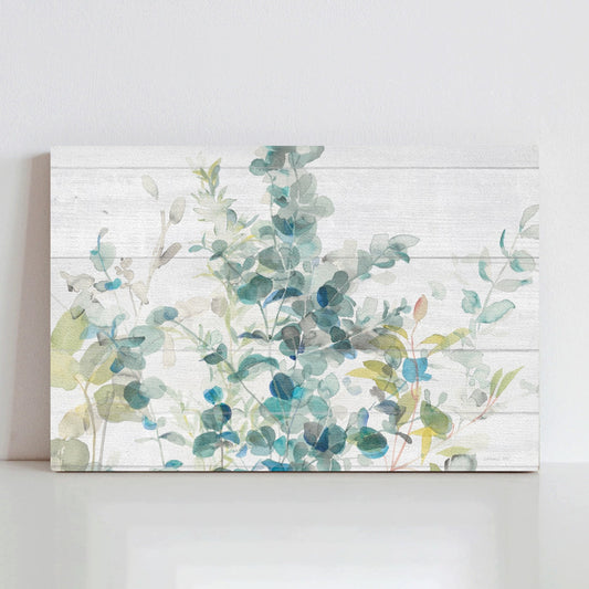 Eucalyptus I on Shiplap Canvas Print. Watercolor art with green and blue leaves.