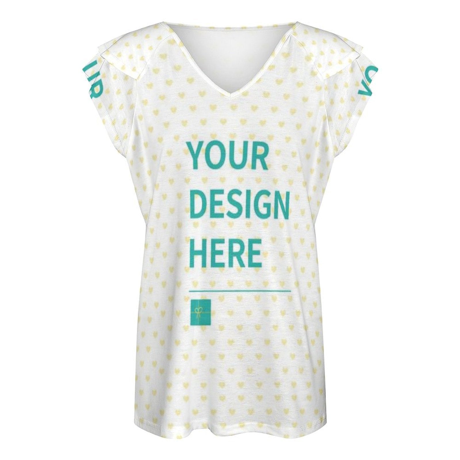 Custom V-neck ruffle sleeve summer t-shirt with 'YOUR DESIGN HERE' print, perfect personalized gifts.