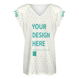 Custom V-neck ruffle sleeve summer t-shirt with 'YOUR DESIGN HERE' print, perfect personalized gifts.