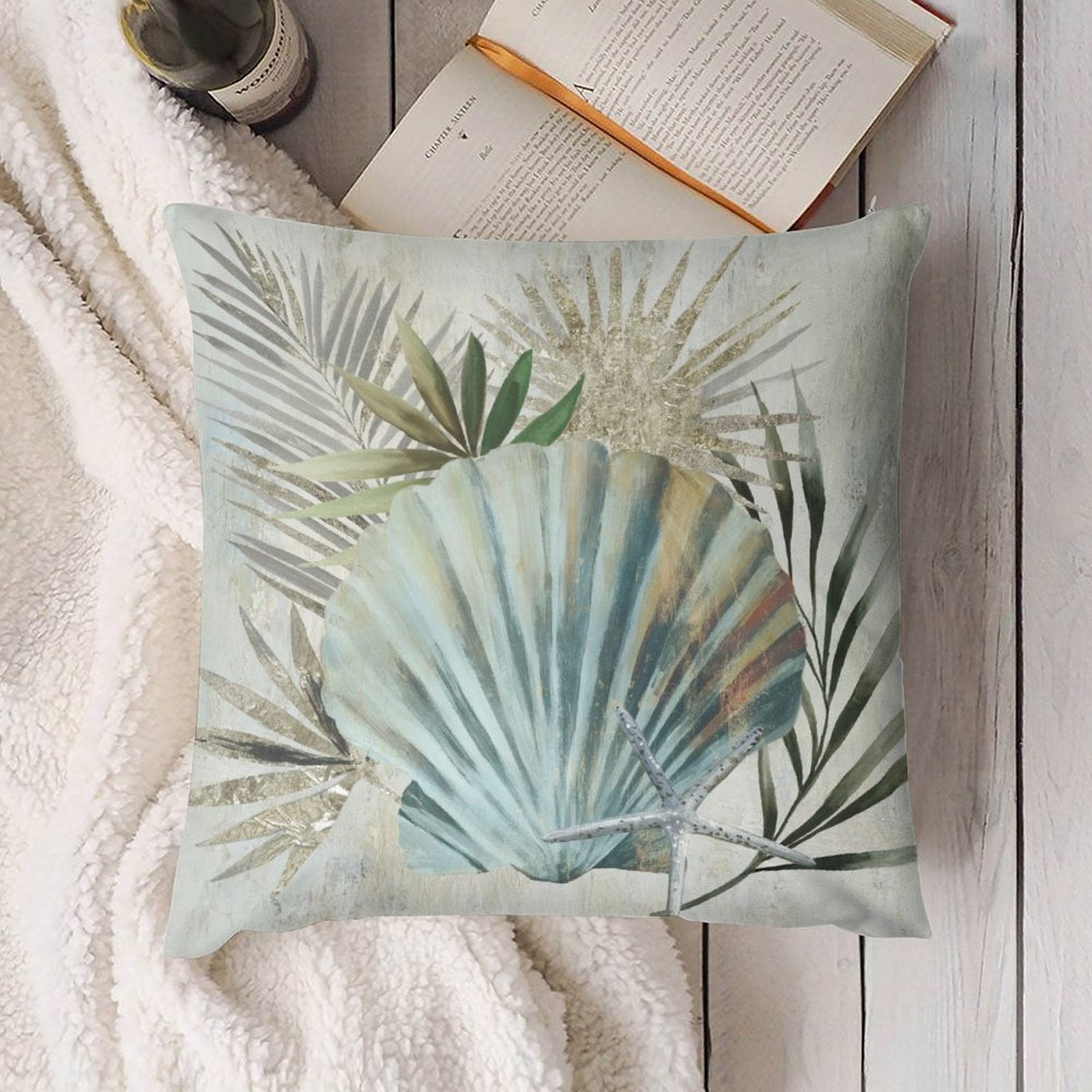 Plush seashell pillow cover for sofa, soft and fluffy, coastal design, luxury home decor, MyArtsyGift.