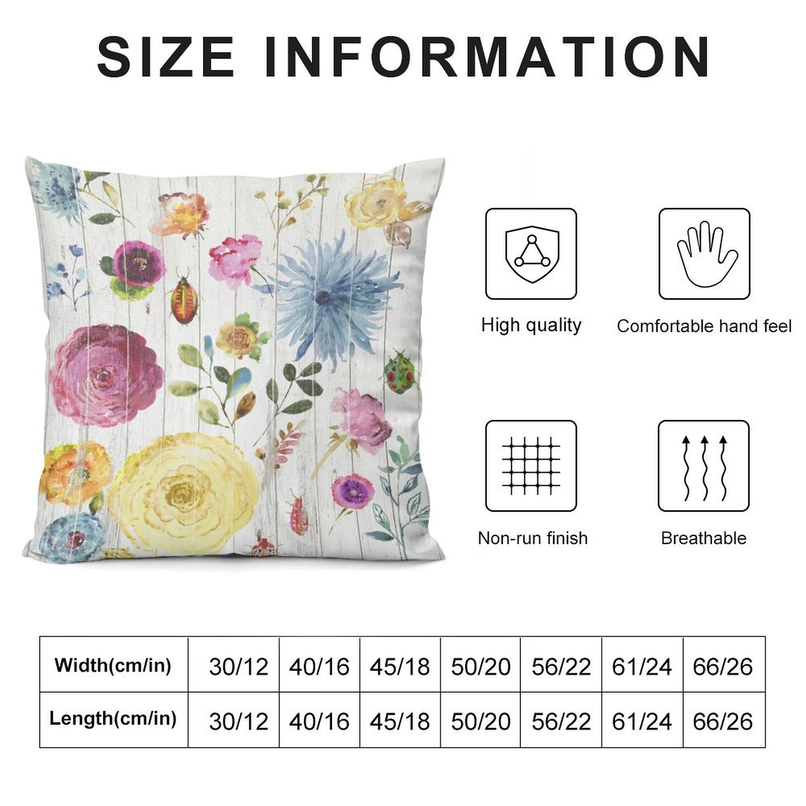 Floral pillow cover size chart, featuring short plush material, soft and decorative for sofa, couch, living room.