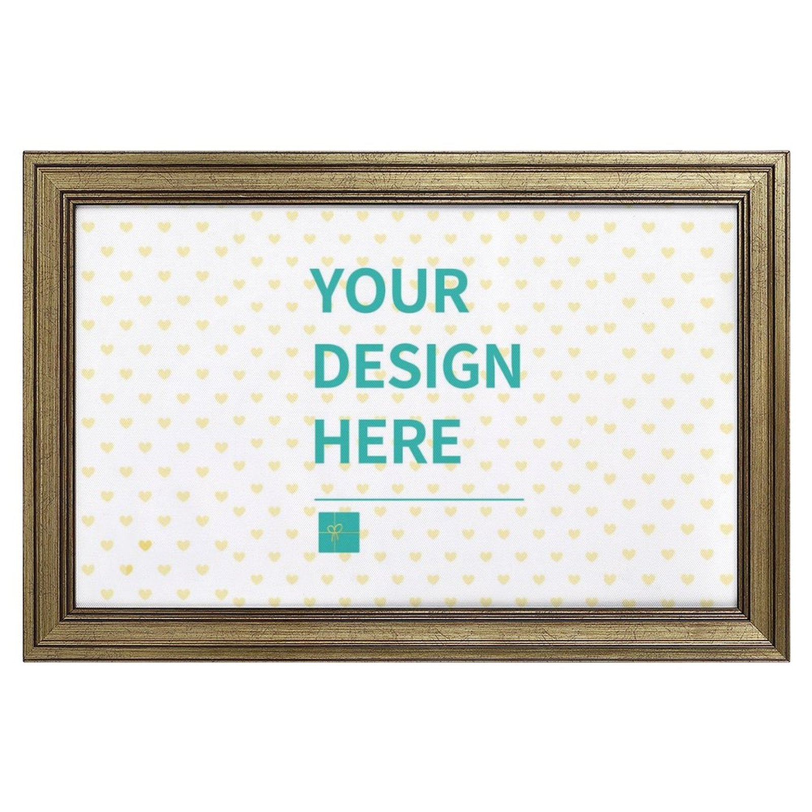 Personalized canvas print with 'YOUR DESIGN HERE', gold frame, customizable wall art for home decor, gift idea.