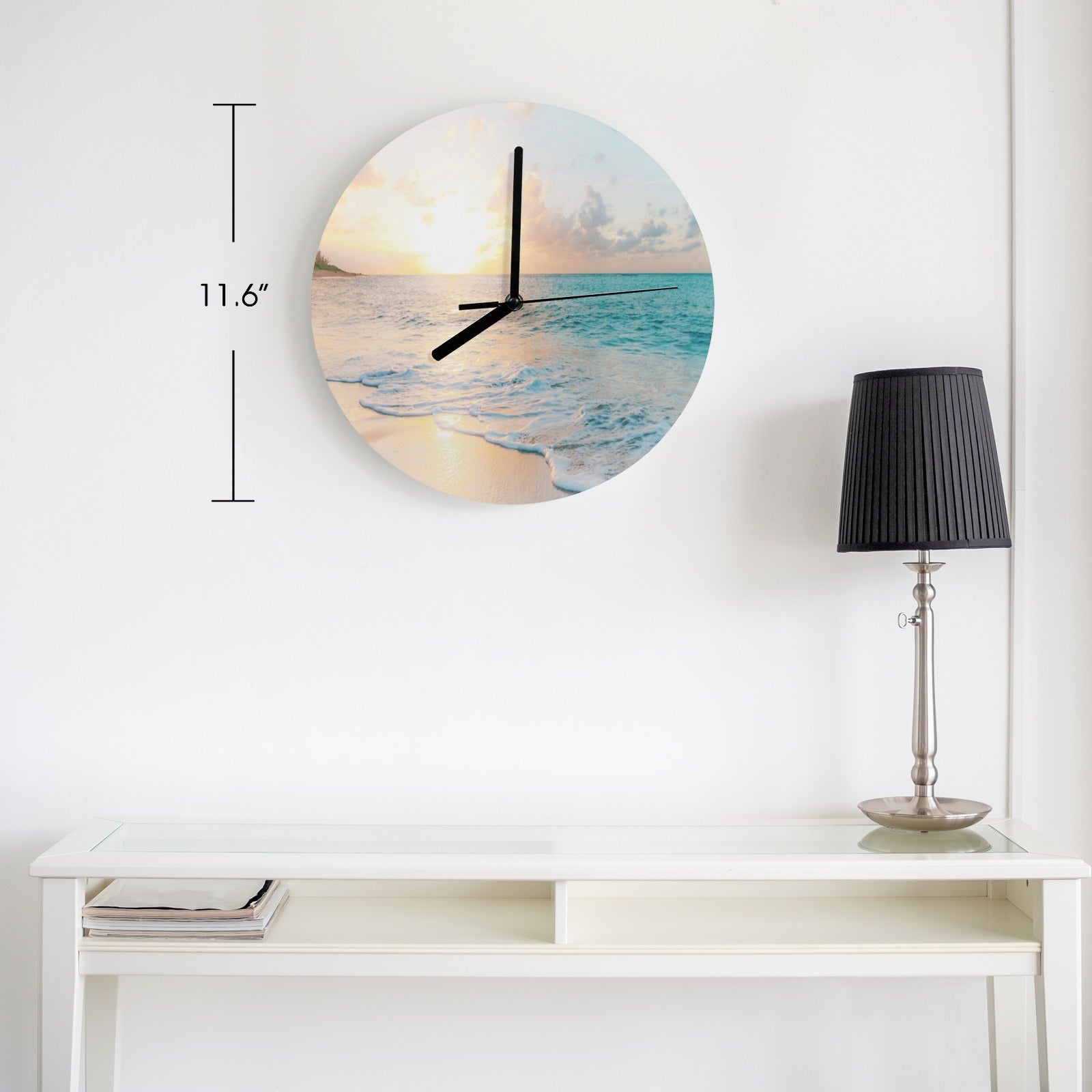 11.6" Blue beach MDF wall clock with sunset scene, perfect for living room, kitchen, or office decor.
