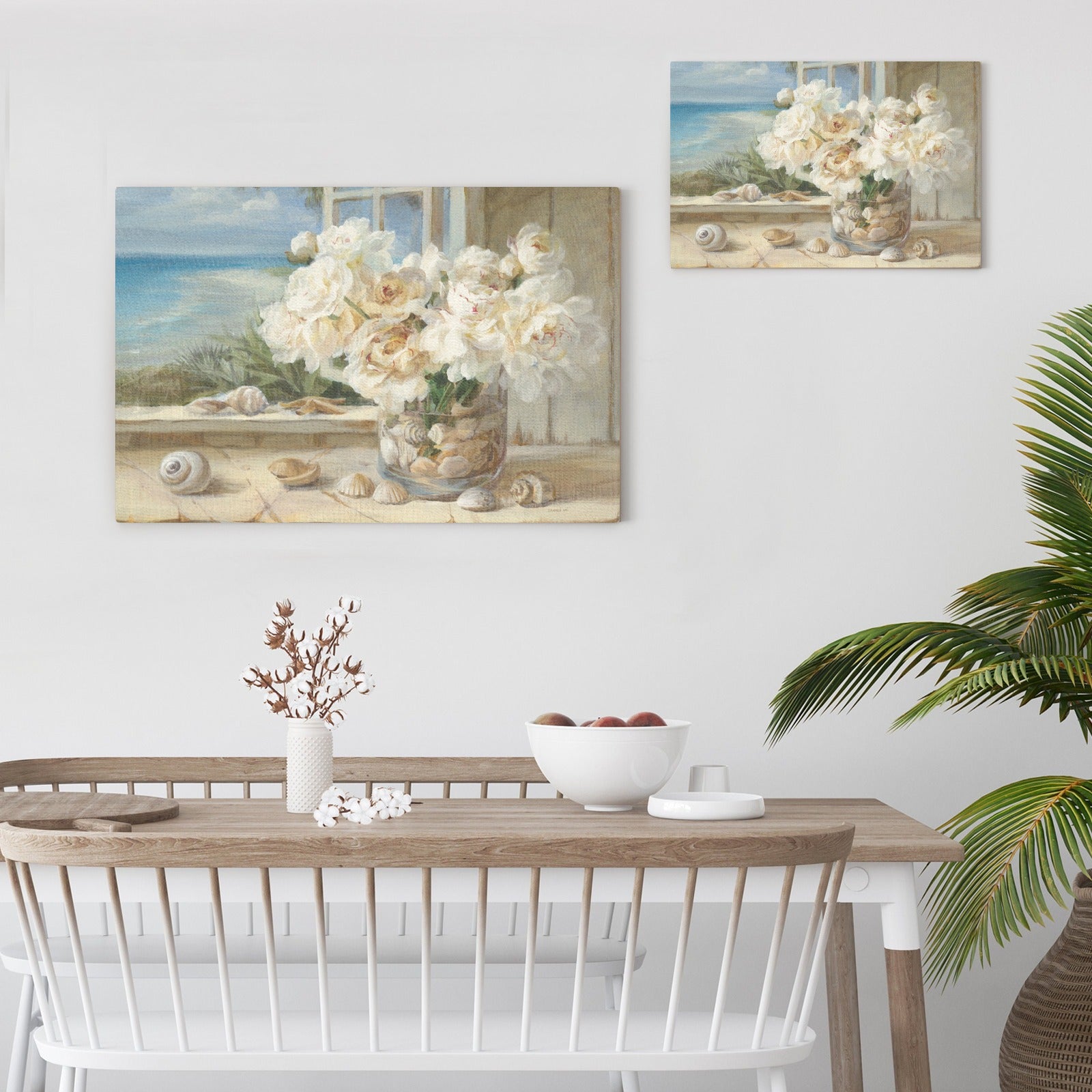 6000 By the Sea canvas print, featuring white peonies, seashells, and ocean view, minimalist wall decor, made in USA