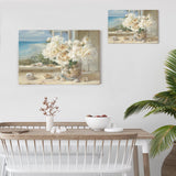 6000 By the Sea canvas print, featuring white peonies, seashells, and ocean view, minimalist wall decor, made in USA