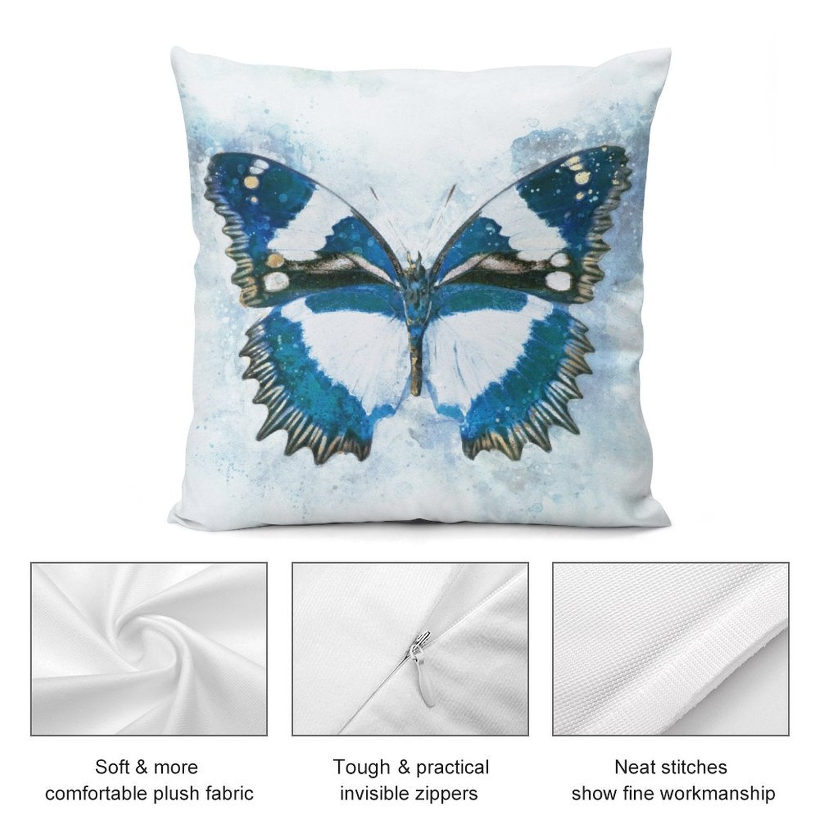 Butterfly pillow cover with soft, comfortable plush fabric, featuring an invisible zipper and neat stitching