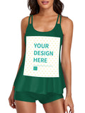 Customizable green tankini swimsuit with YOUR DESIGN HERE design, perfect for beach vacations