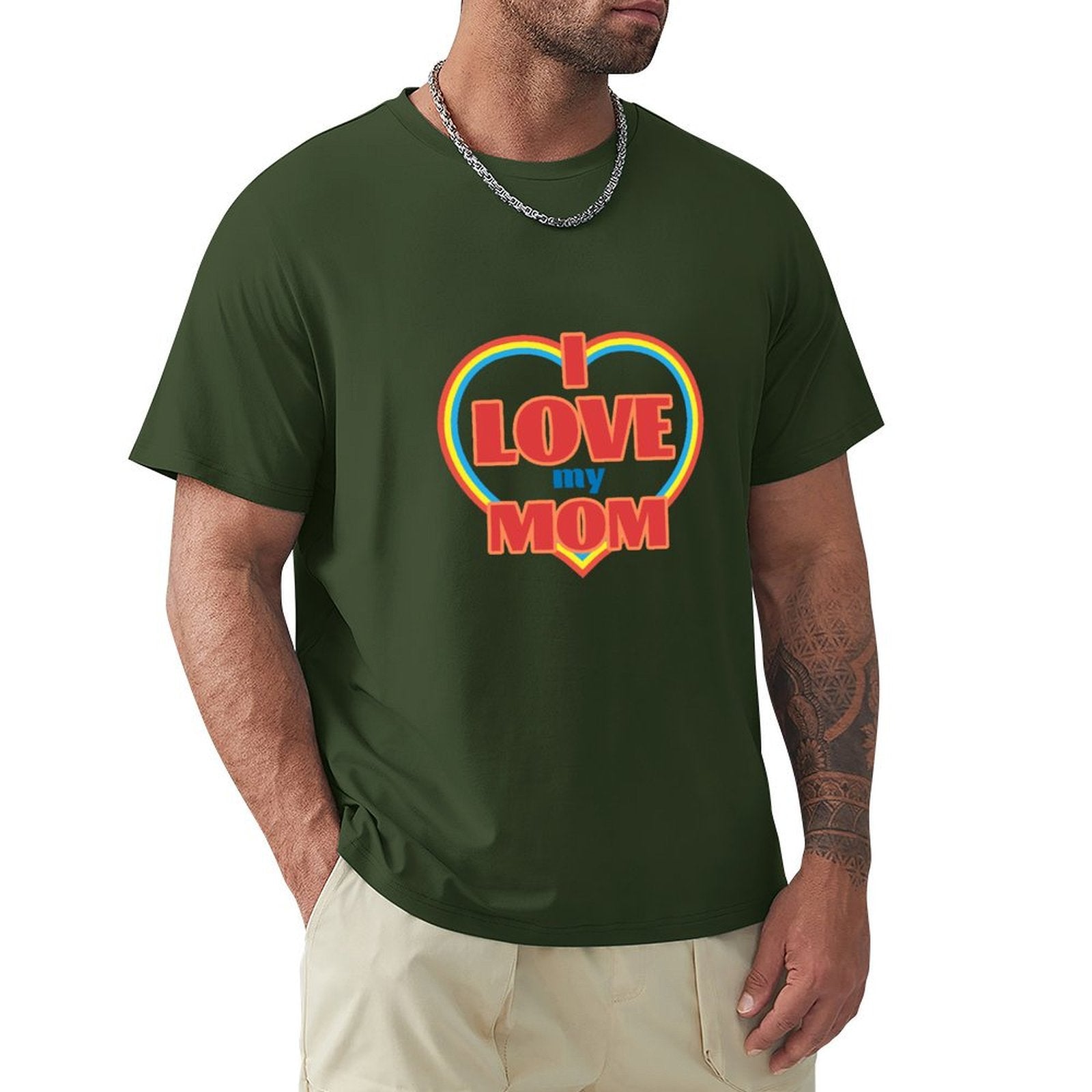 Green cotton crew neck t-shirt with 'I Love My Mom' design, MyArtsyGift apparel for men, perfect gift