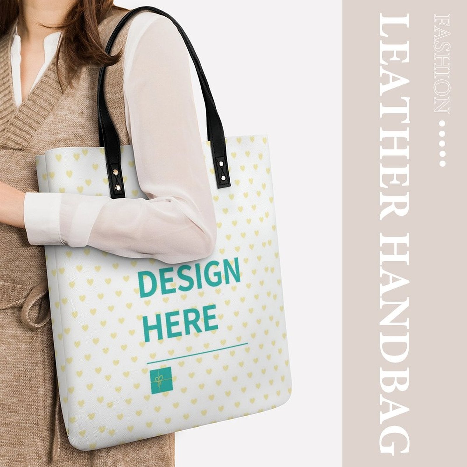 Personalized PU leather tote bag with "DESIGN HERE" message, heart pattern, black handle, for work and shopping