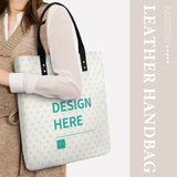 Personalized PU leather tote bag with "DESIGN HERE" message, heart pattern, black handle, for work and shopping