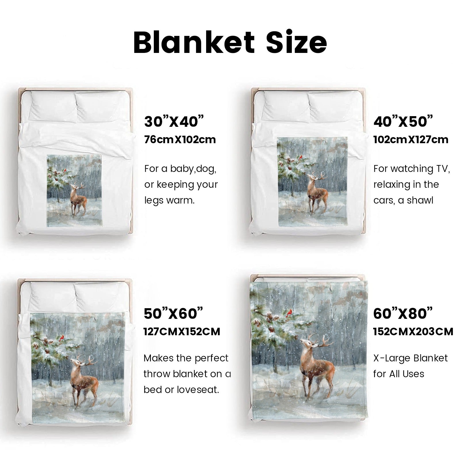 Winter snow forest deer flannel blanket size guide. Choose from various sizes for sofa, bed, or travel.