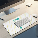 Personalized desk mat with heart pattern, keyboard, mouse, monitor. Customizable office desk mat.