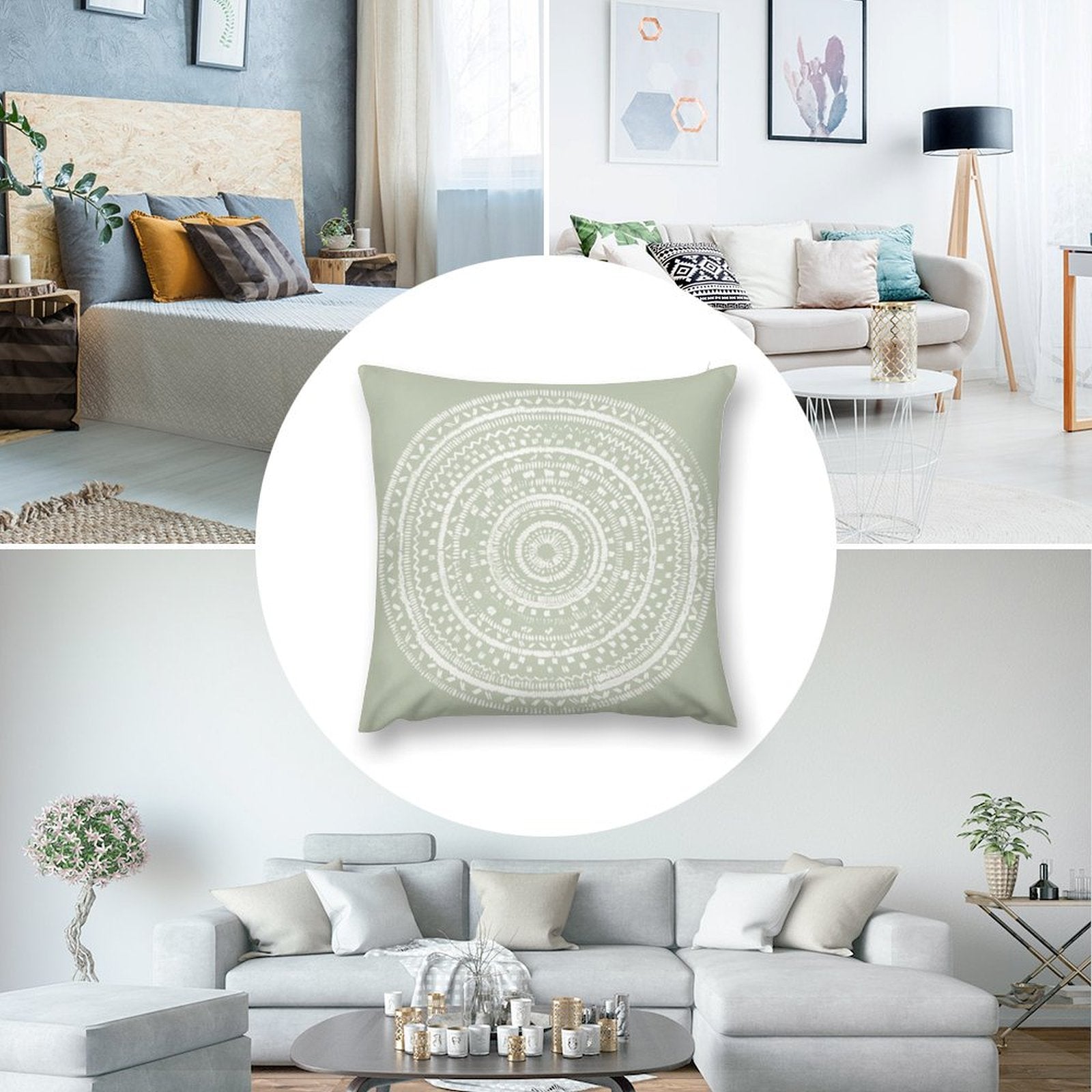 Light green mandala design plush pillow cover for sofa. Soft, decorative, from MyArtsyGift