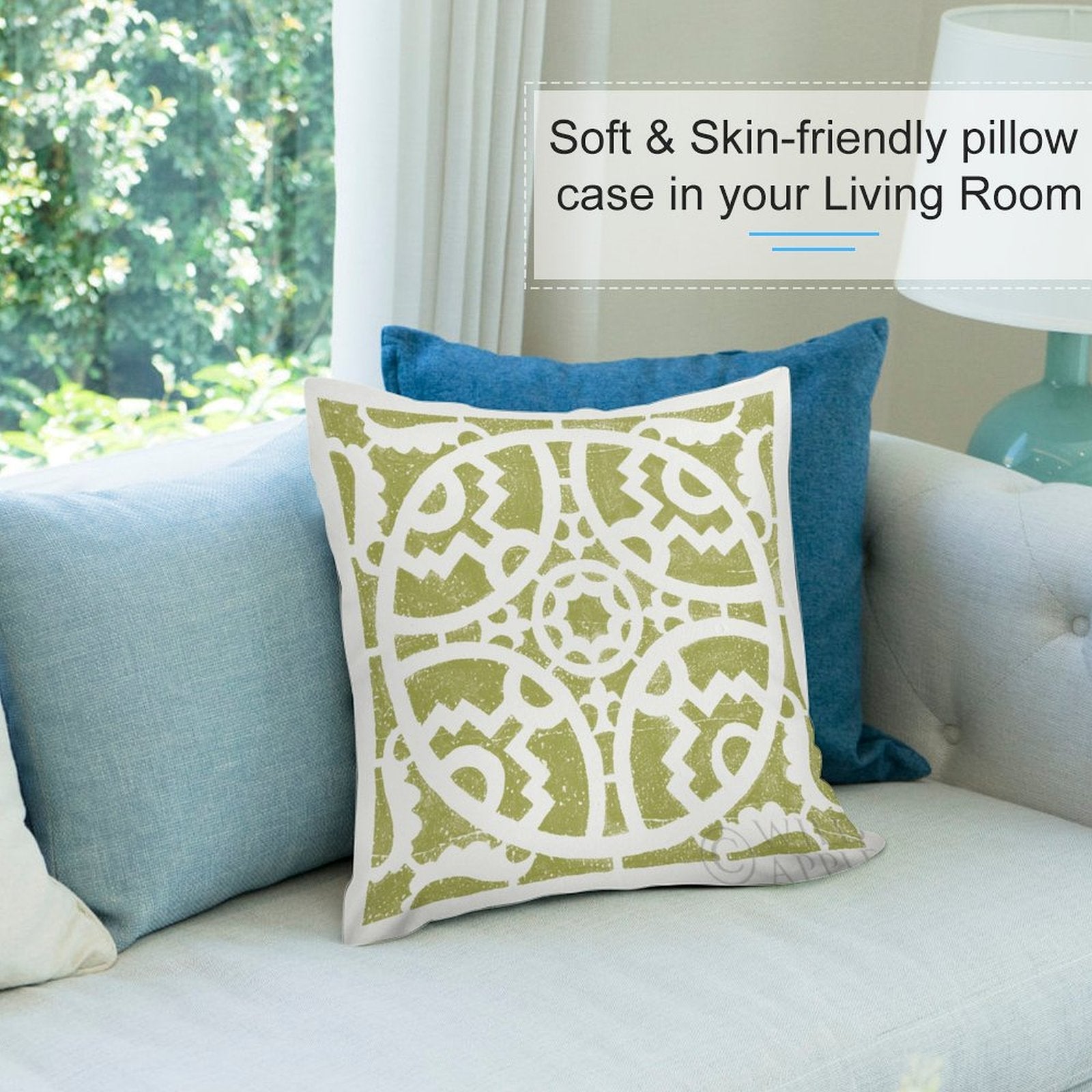 Soft and Skin-friendly plush pillow case in living room, olive green geometric design.