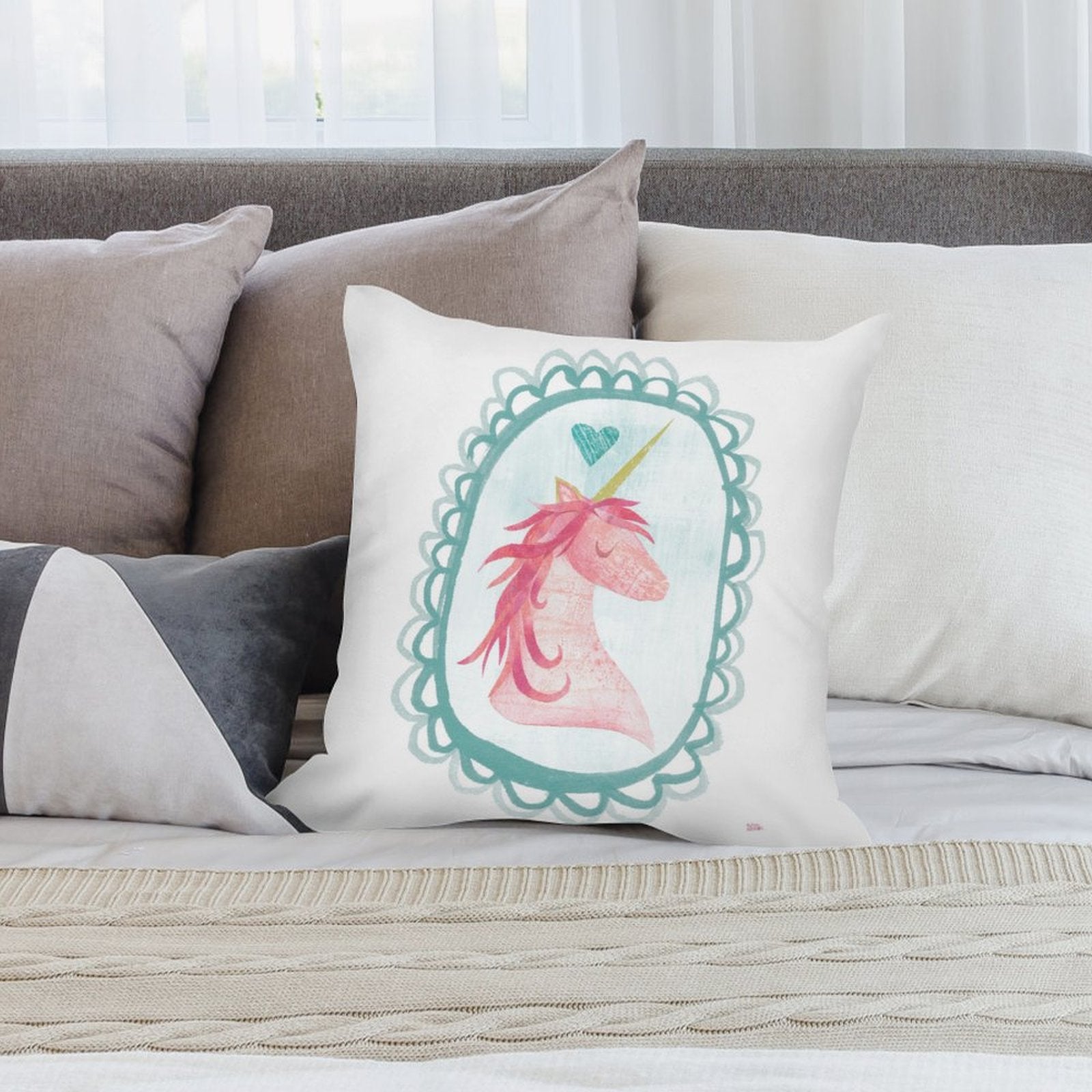 Unicorn throw pillow cover with pink design, soft plush material, home decor