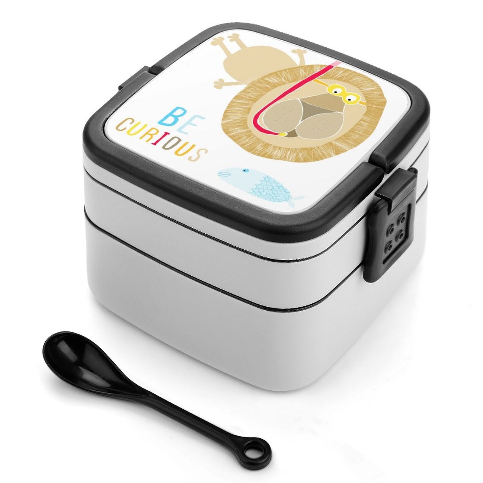 Double-layer kids' bento lunch box with lion design, "Be Curious" text, and black spoon