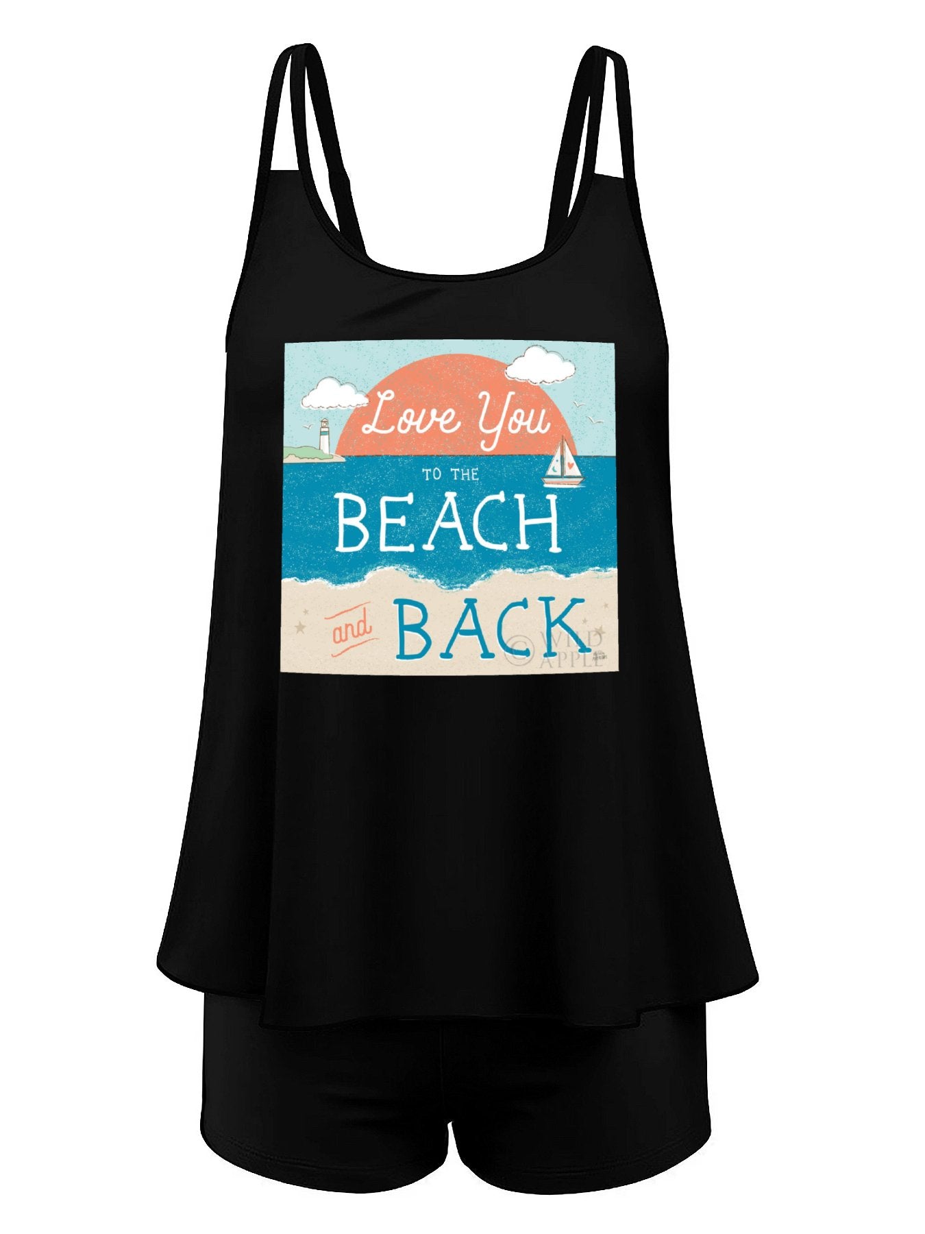 Black tankini swimsuit with beach graphic and "Love You to the Beach and Back" text, ideal for vacations