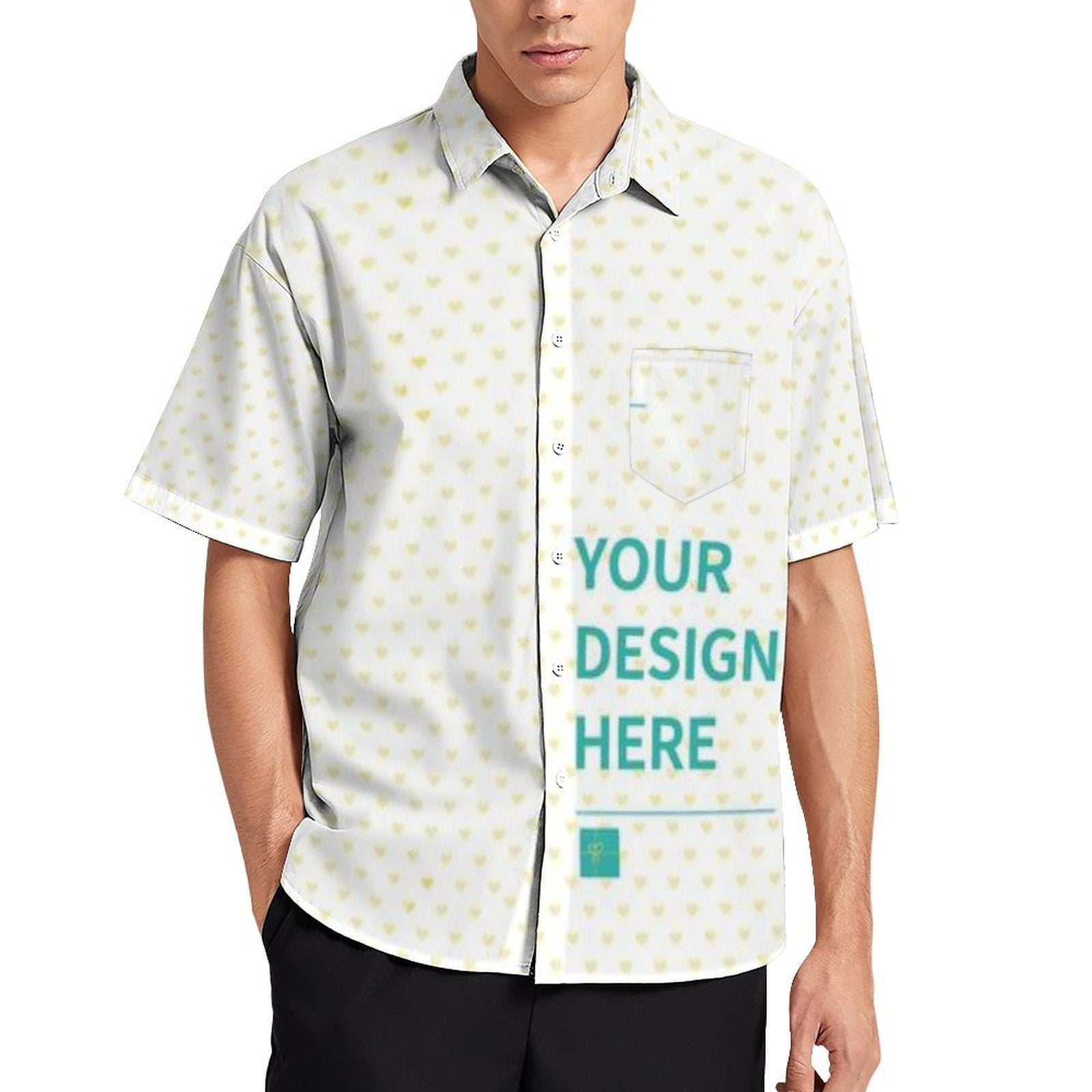 Men's custom button down shirt with heart pattern, short sleeves, pocket, and 'YOUR DESIGN HERE' text.