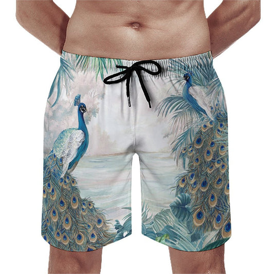 Men's swim trunks with peacock design. Quick-drying beach shorts with mesh lining and drawstring waist.
