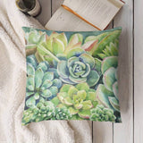 Succulent plant pillow cover for sofa. Soft short plush decorative pillow. Watercolor design.