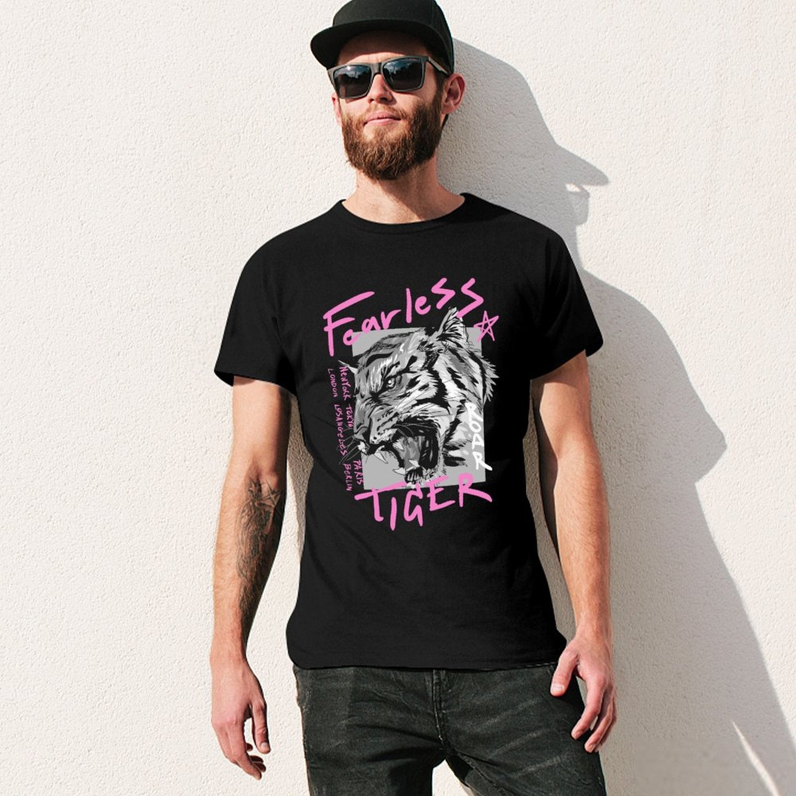 Men's black Fearless Tiger graphic t-shirt. Cotton crew neck tee for men. Streetwear style