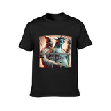 Black cotton Rednote meme t-shirt with Statue of Liberty and Chinese soldier graphic