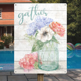 Metal sign with watercolor floral arrangement, featuring 'gather' and 'love'. Home decor with flowers in mason jar.