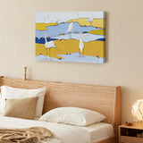 Abstract canvas wall art with white birds on yellow and blue landscape, Wild Apple design, home decor, ready to hang.