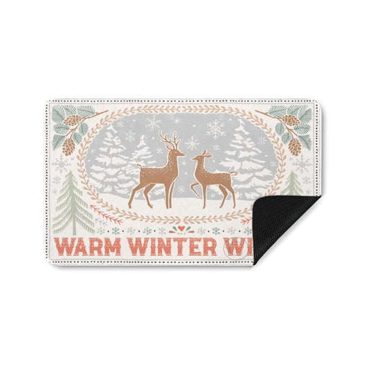 Winter doormat with deer and a "Warm Winter Wishes" greeting for indoor or outdoor use.