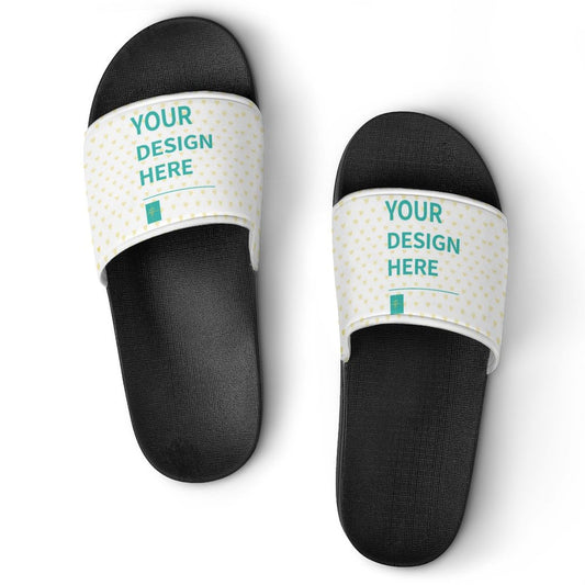 Personalized slide slippers, black sole with customizable white strap, text "YOUR DESIGN HERE", for men & women.