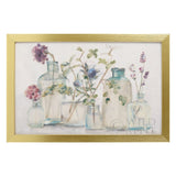 Watercolor floral canvas print with a gold frame featuring blossoms in glass jars, minimalist home decor.