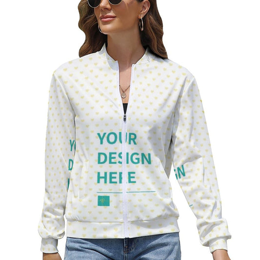 Customizable Women's Zip-Up Jacket with Heart Pattern, featuring Your Design Here text, made from polyester blend.