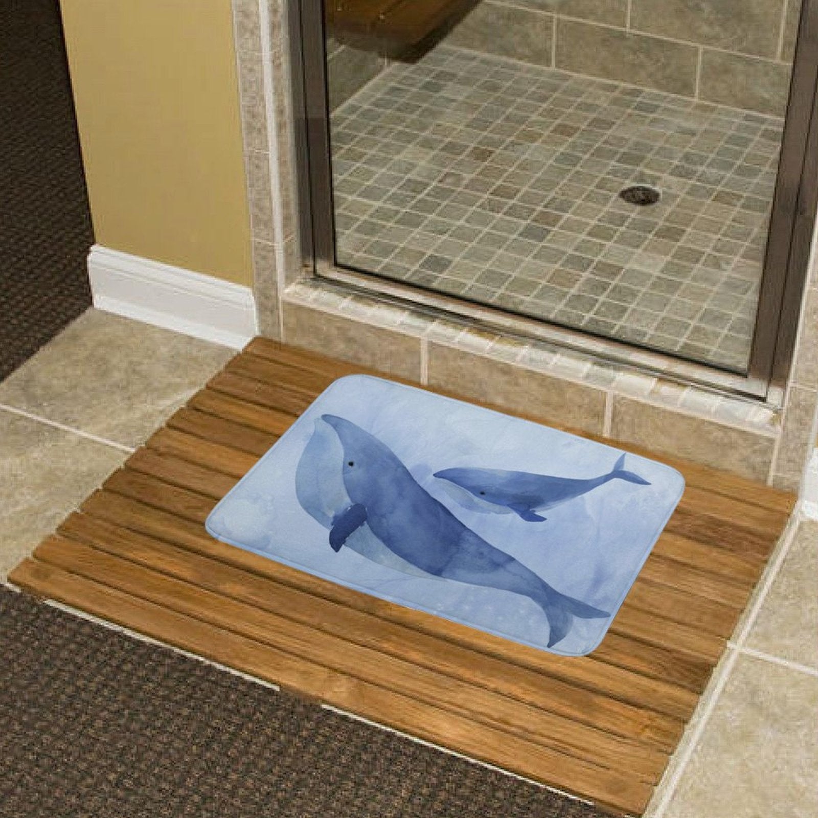 Coral velvet bath rug with watercolor whale design, non-slip bathroom rug for bathroom or kitchen