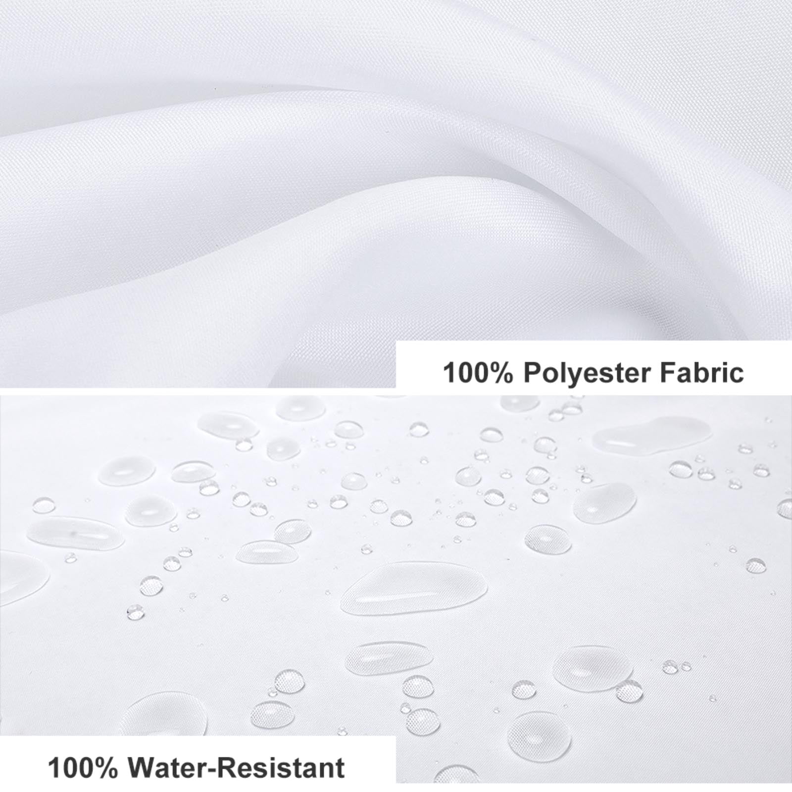 Waterproof white polyester fabric for bathroom shower curtain, with water droplets, ensuring water-resistant performance.