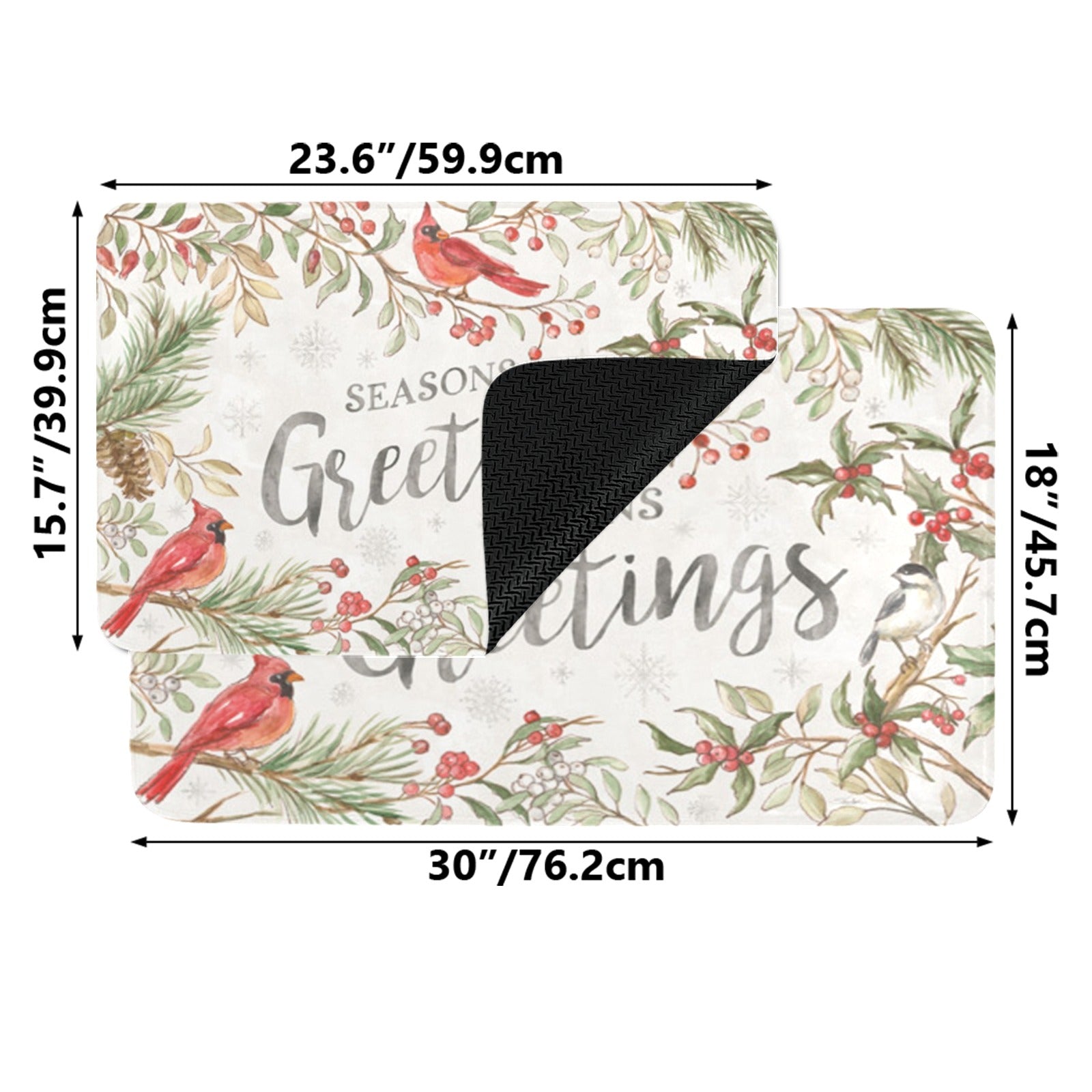 Winter entrance doormat with Seasons Greetings, cardinal birds, and winter decor.