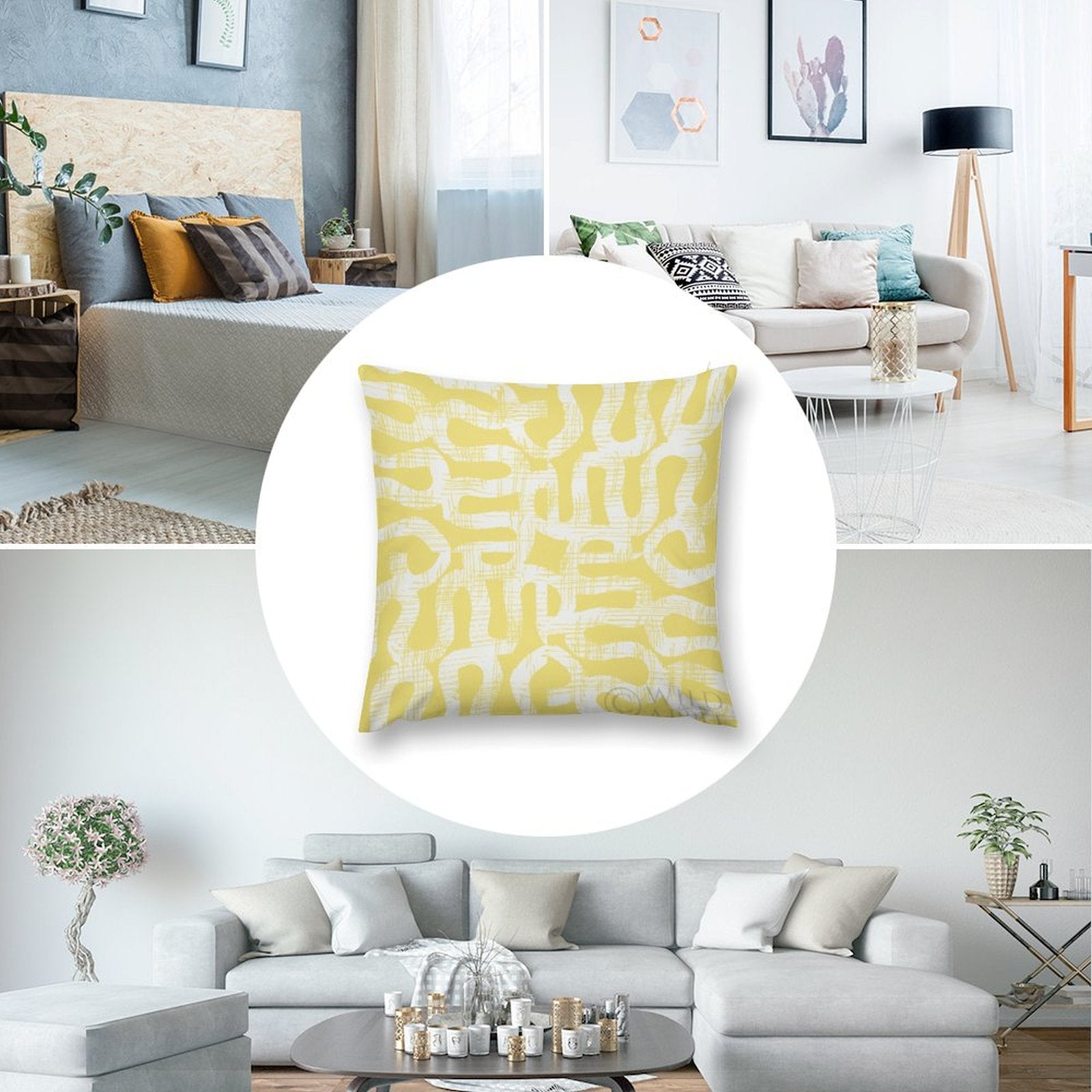Yellow abstract pattern plush pillow cover for sofa or couch. Soft, fluffy, and stylish design from MyArtsyGift.
