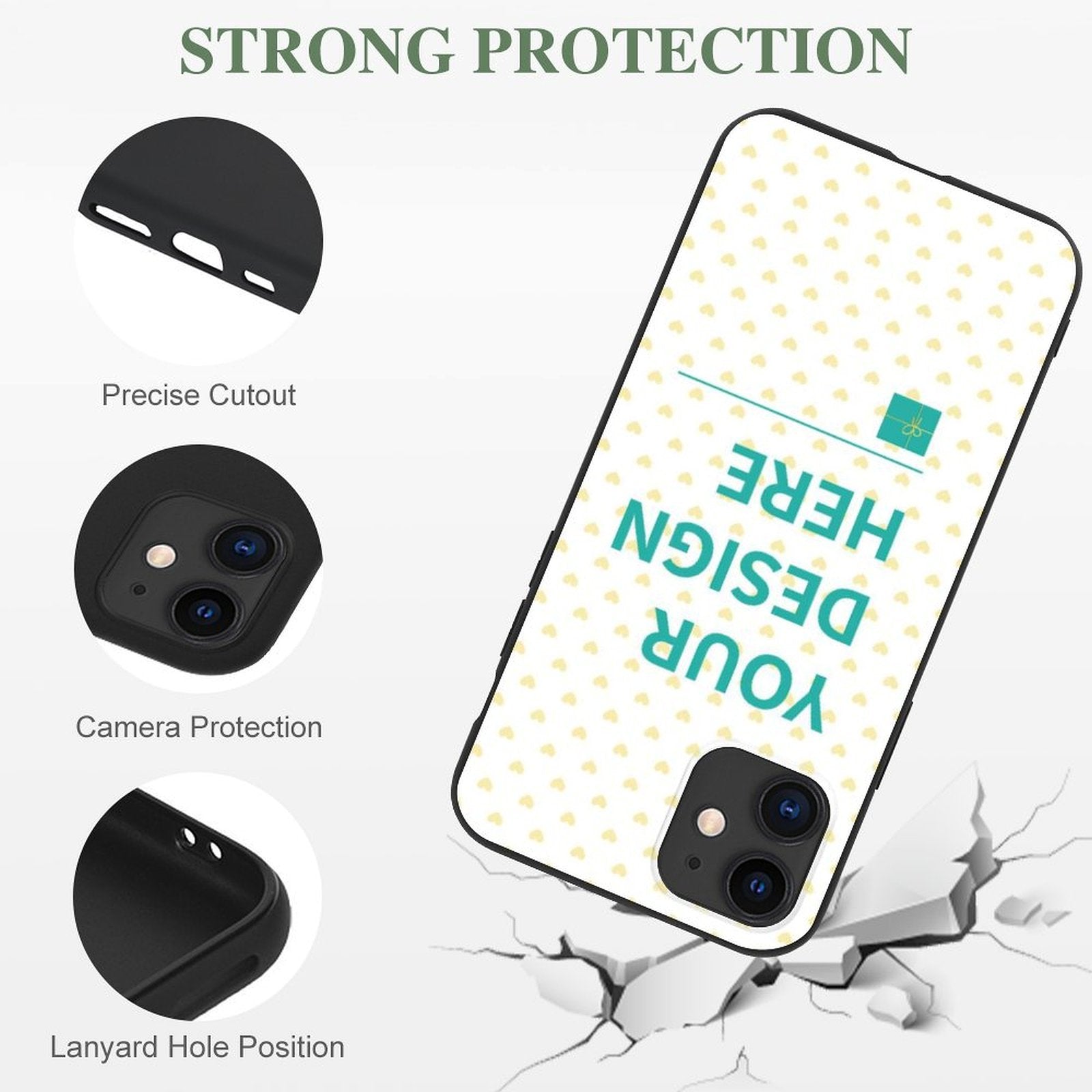 Custom iPhone 11 case with 'YOUR DESIGN HERE', TPU material, strong protection, camera protection.