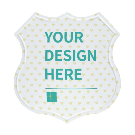 Custom Shield Shape Metal Sign personalized with your design for garage, coffee, kitchen or bar decor